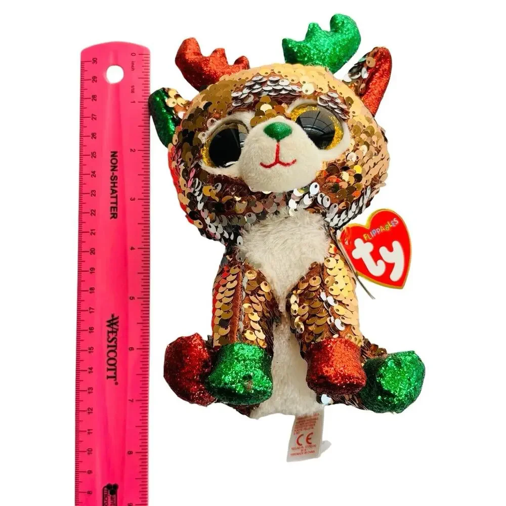 TY Christmas Flippables Sequin TEGAN Reindeer Beanie Baby Plush NEW